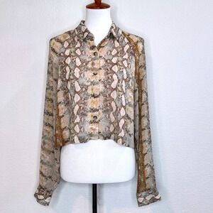 WILFRED Aritizia Henrietta Sheer Crop Blouse LG Snake Print Tans Career Wear LS